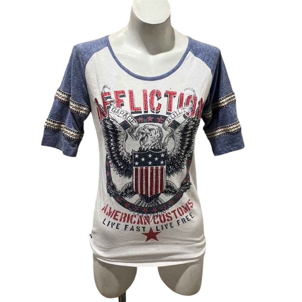 Affliction Womens T-Shirt Size L Blue/White Raglan 3/4 Sleeve Eagle Flag